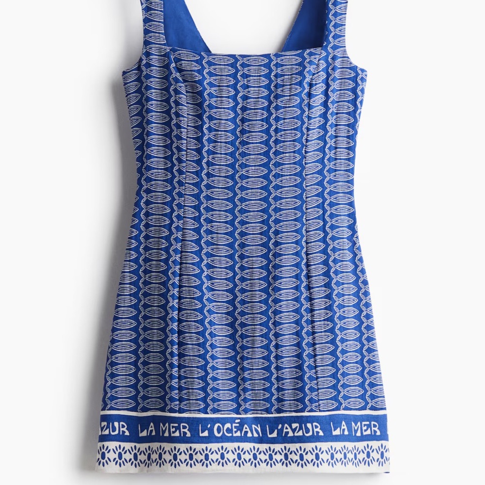 H&M Blue White Patterned Mini Dress Fish Ocean Design Summer Vacation NWT